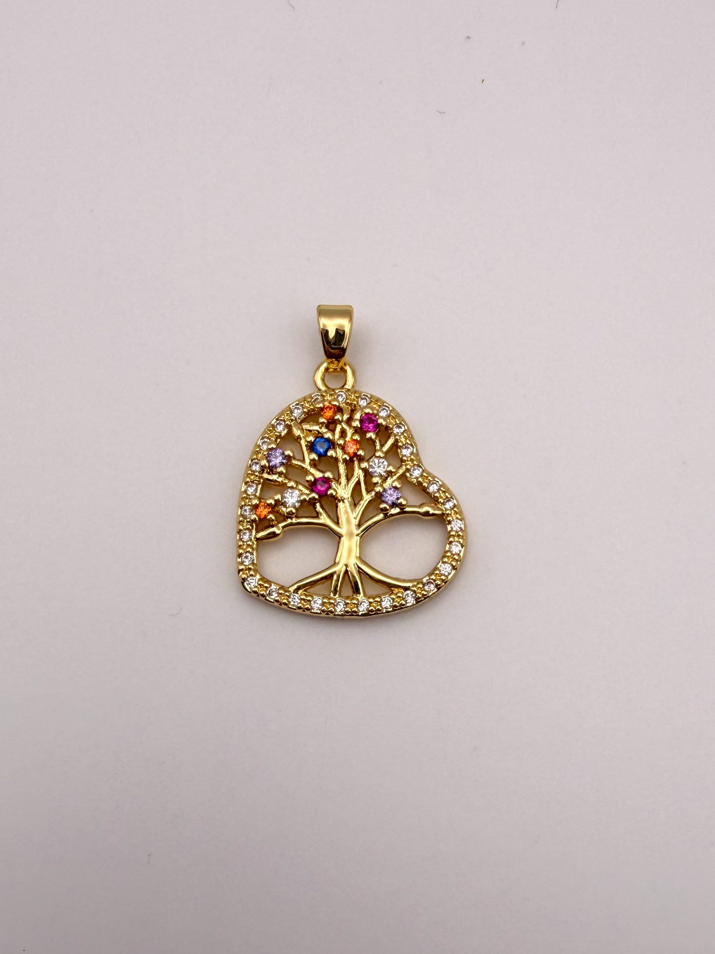 Gold Colorful Zircon Tree of Life Heart Charm Pendant