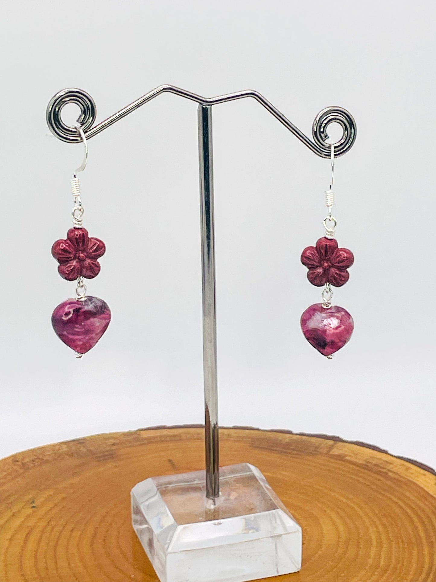 Purple Mica & Cinnabar Heart of Flowers Earrings