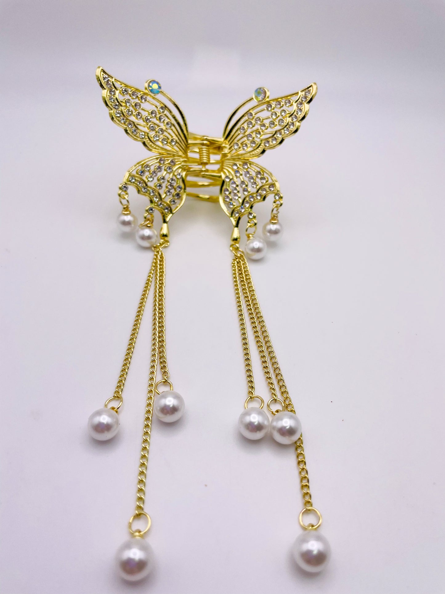 Small Size Gold Bling Butterfly Hair Clips with Dangling Gold Chain & Pearls