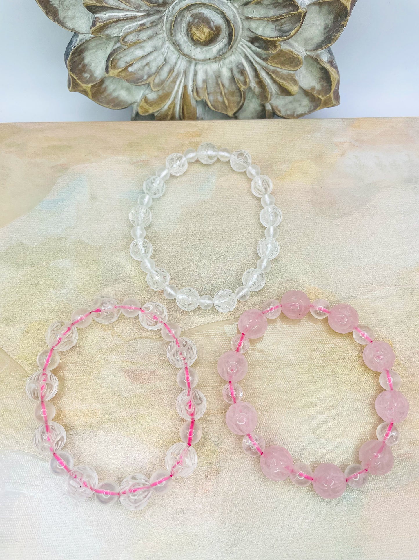 Lotus Craved Natural Crystal Beaded Bracelets- Clear Quartz, Rose Quartz