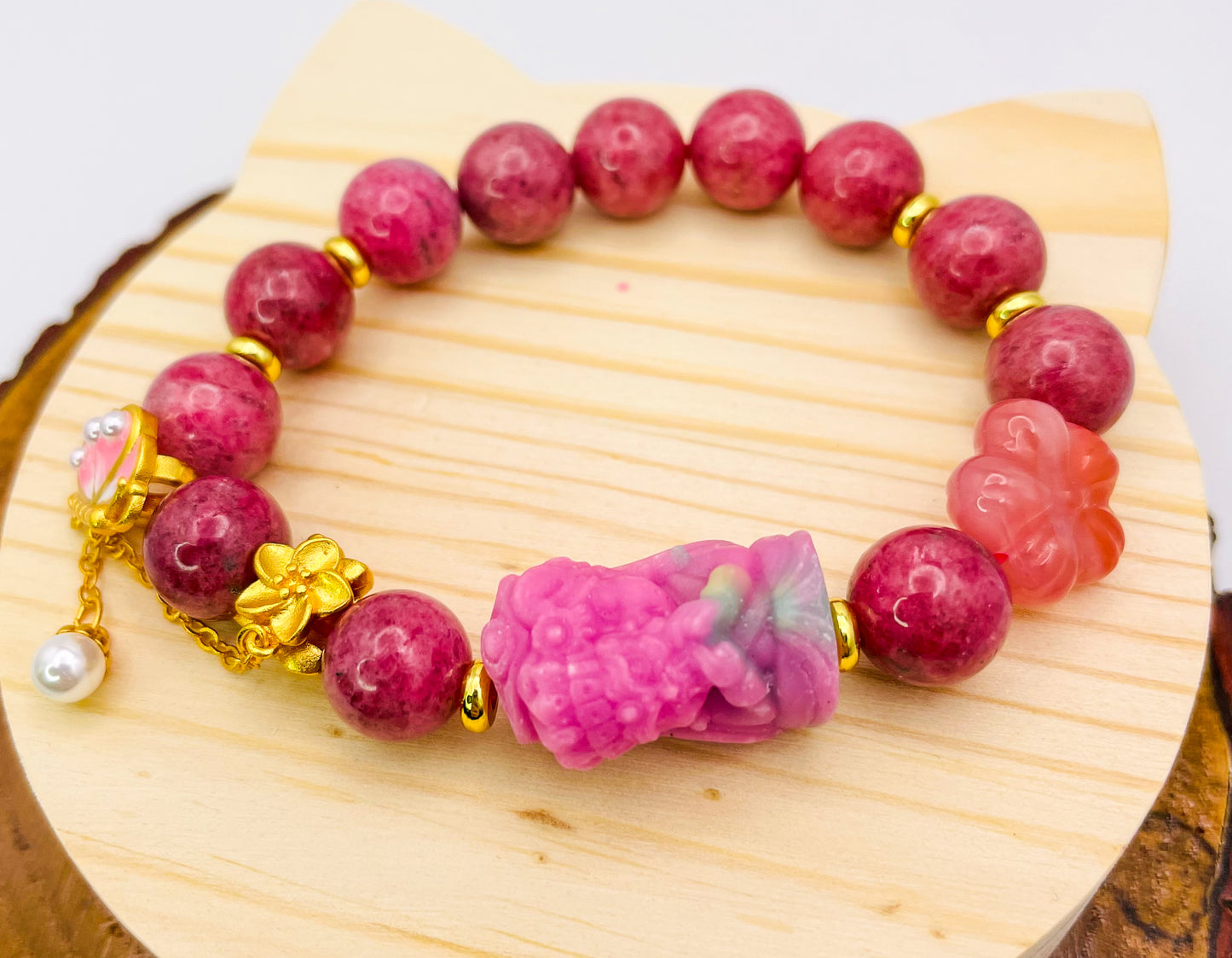 Goddess of Protection Drashi Llamo Pink Rhodonite Statement Bracelet