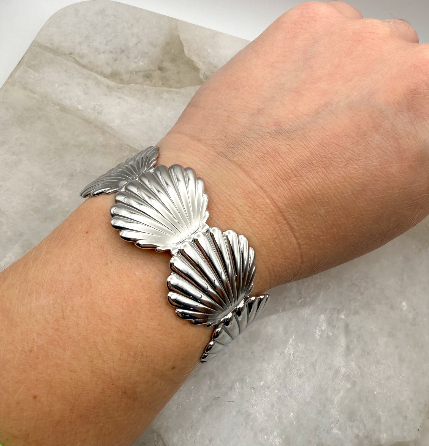 Scallop SeaShell Stainless Steel Gold or Silver Plated Open Back Adjustable Cuff Bangle Bracelet