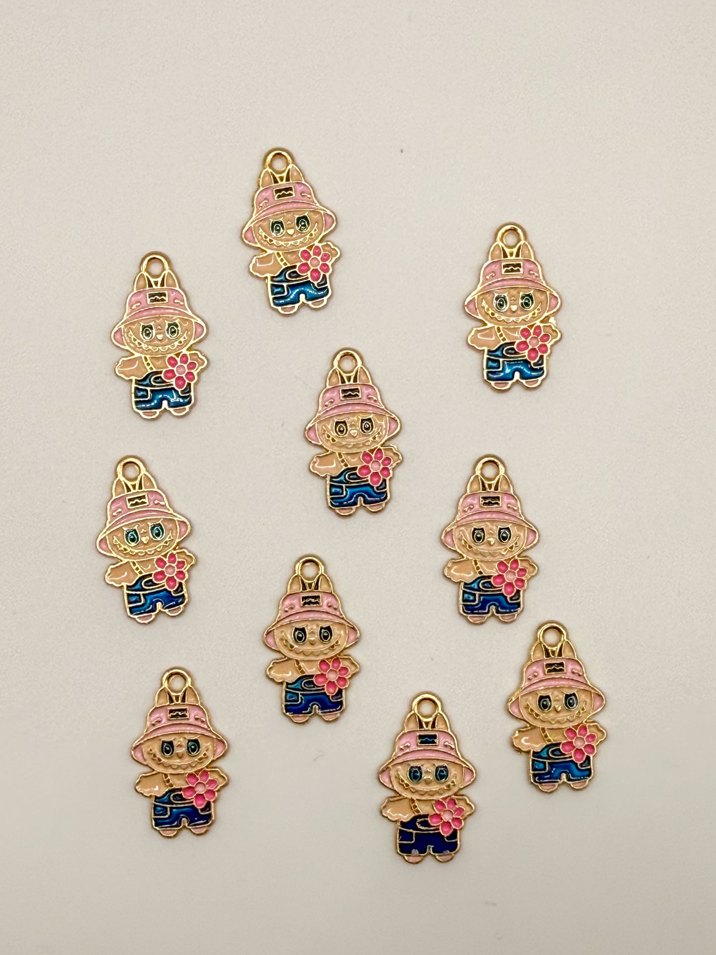 Pink Hat Labubu Gold Metal DIY Charm set