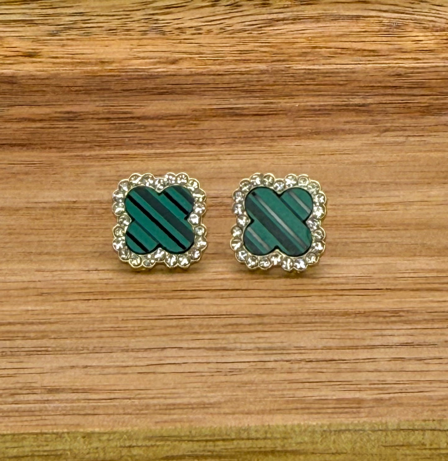 Malachite Green & Gold Clover Stud Earrings