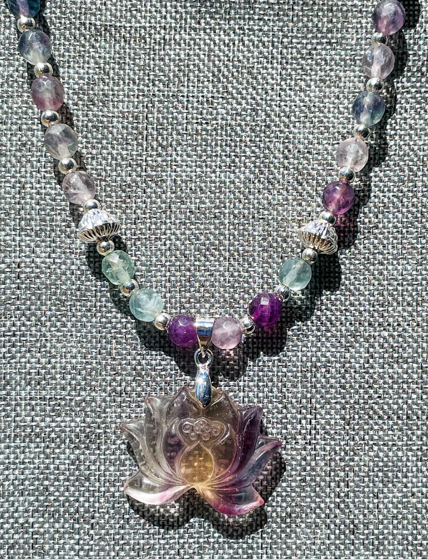 Natural Fluorite Lotus Crystal Carving Beaded Adjustable Necklace