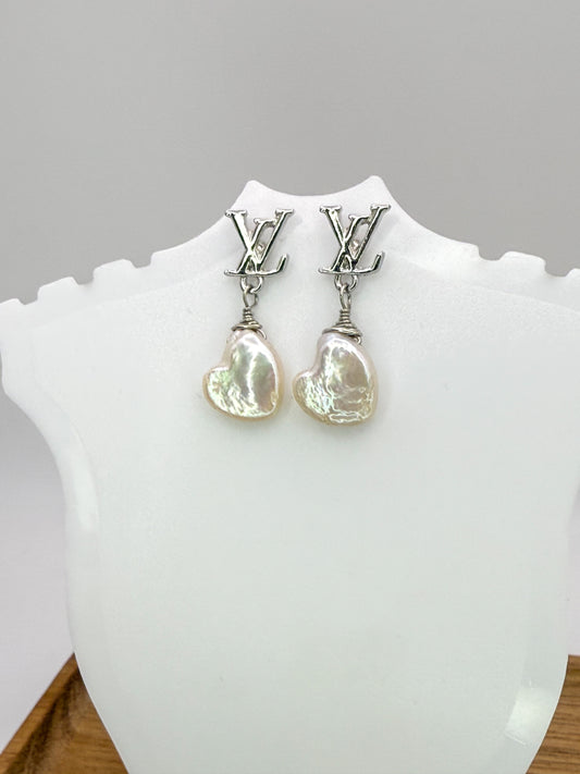 Silver LV Designer Stud Earrings with Heart Shaped Natural Freshwater Pearls