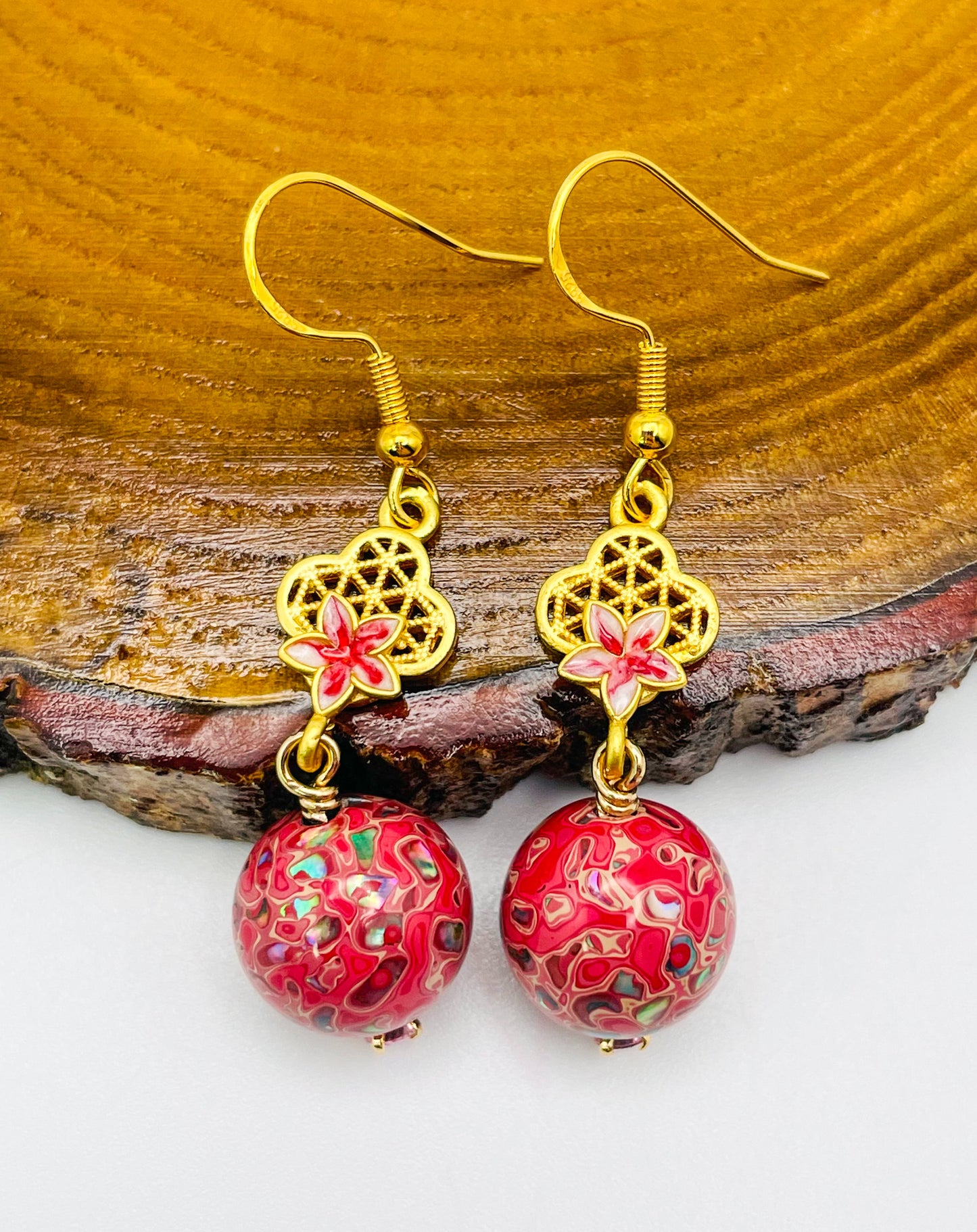 Handmade Daji Lacquer Beaded Bling Earrings with Natural Opal Inclusions