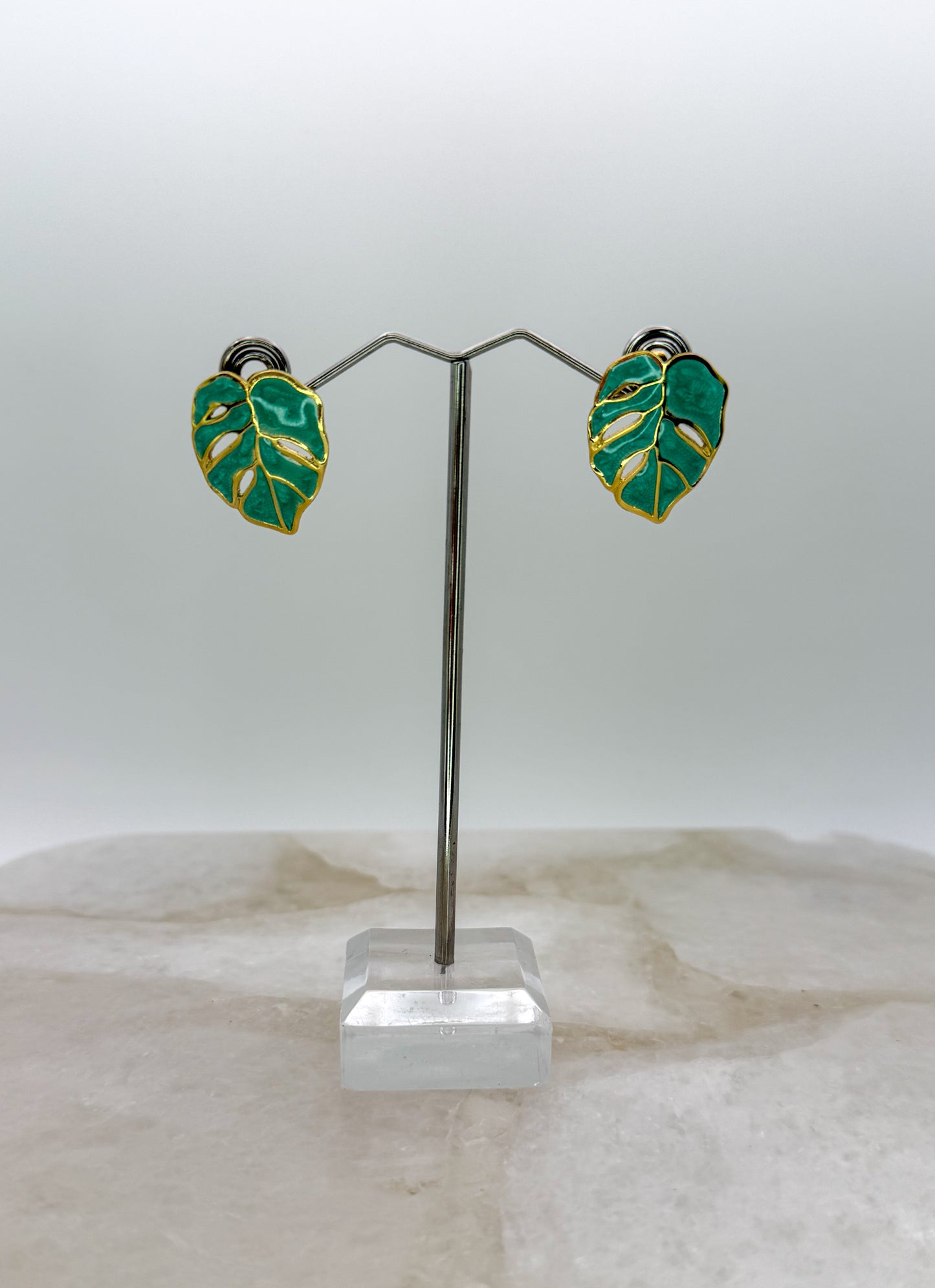Colorful Monstera Leaf Gold Stainless Steel Stud Earrings