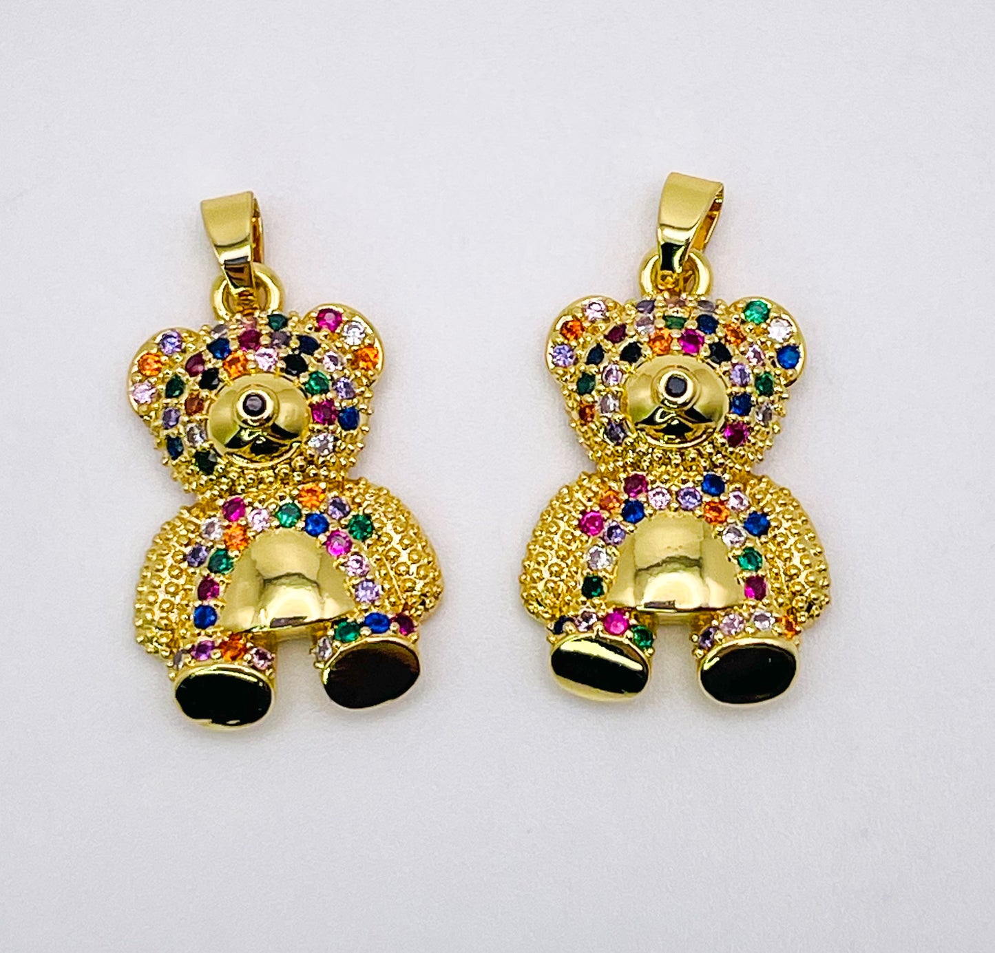 Gold Teddy Bear Pendant with Multicolored Micro Pave Zirconia Gems