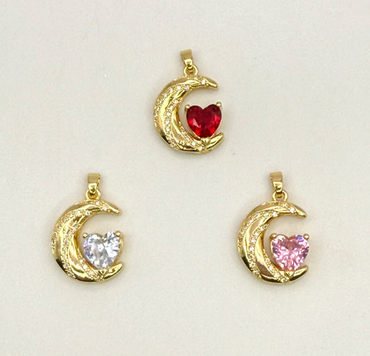 High Quality Gold Crescent Moon Zircon Heart Pendant