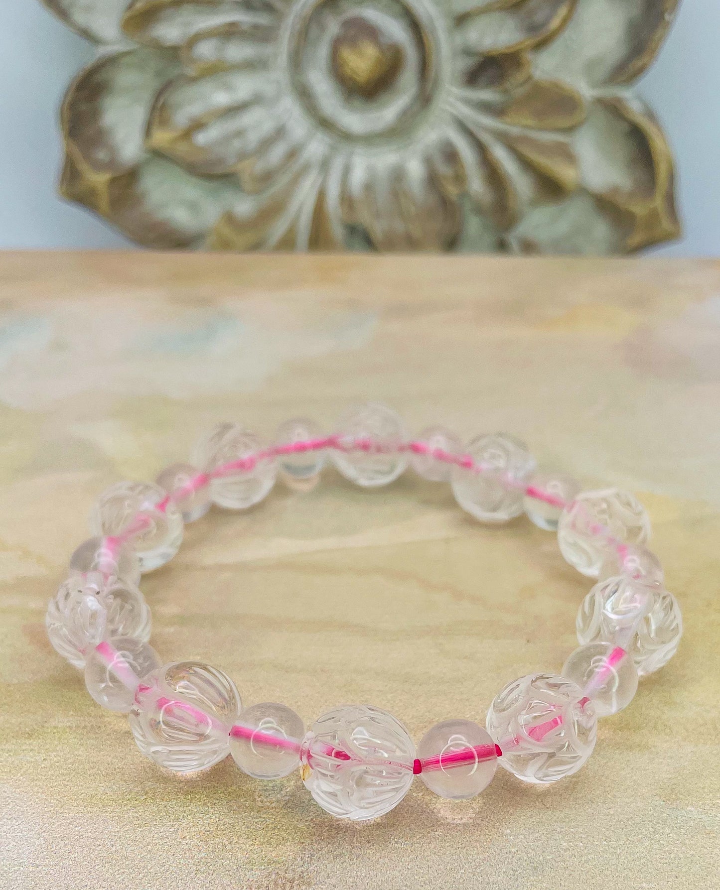 Lotus Craved Natural Crystal Beaded Bracelets- Clear Quartz, Rose Quartz