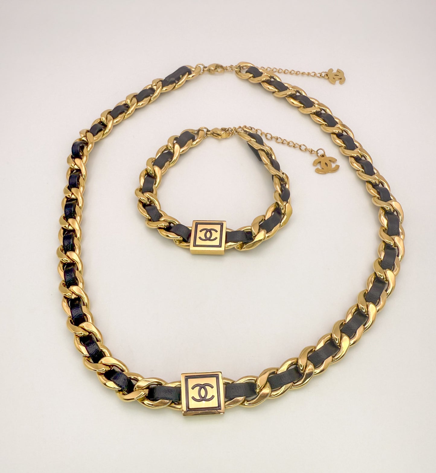 Chanel Gold & Leather Necklace Bracelet Set