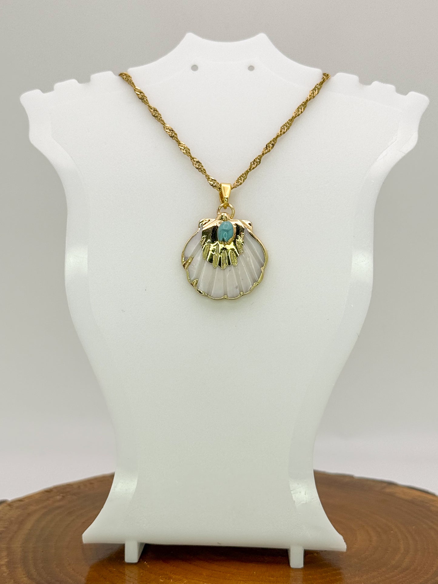 Nature’s Beauty Necklace-Natural Shell with Natural Turquoise Gemstone, Gold Stainless Steel Pendant Necklace