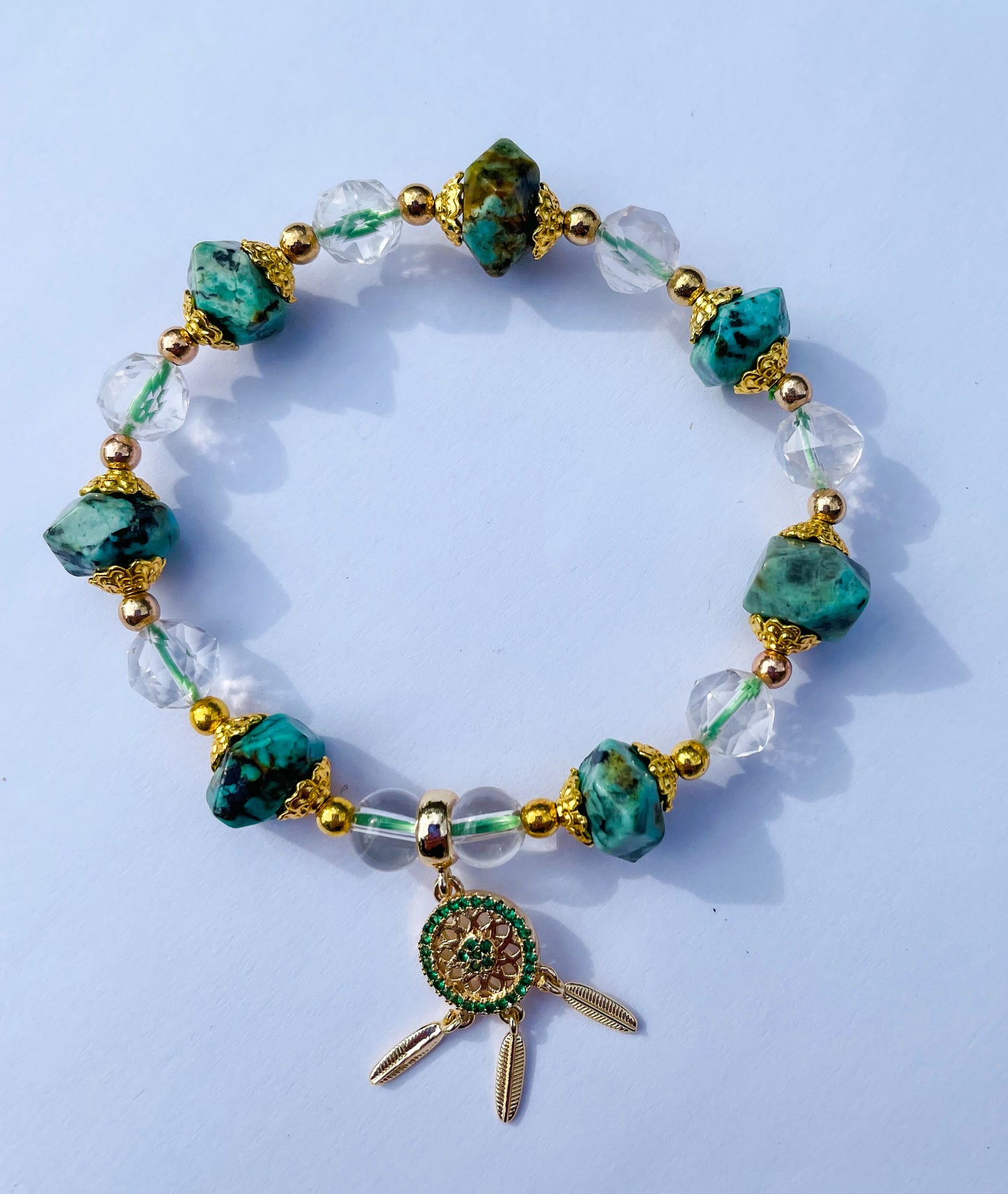 Natural African Turquoise Irregular Shaped Beaded Stretch Adjustable Bracelet with Gold Dreamcatcher Charm