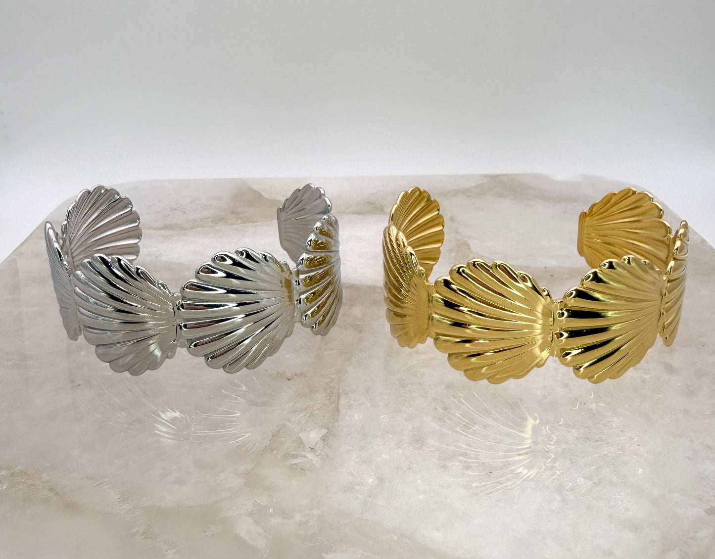 Scallop SeaShell Stainless Steel Gold or Silver Plated Open Back Adjustable Cuff Bangle Bracelet