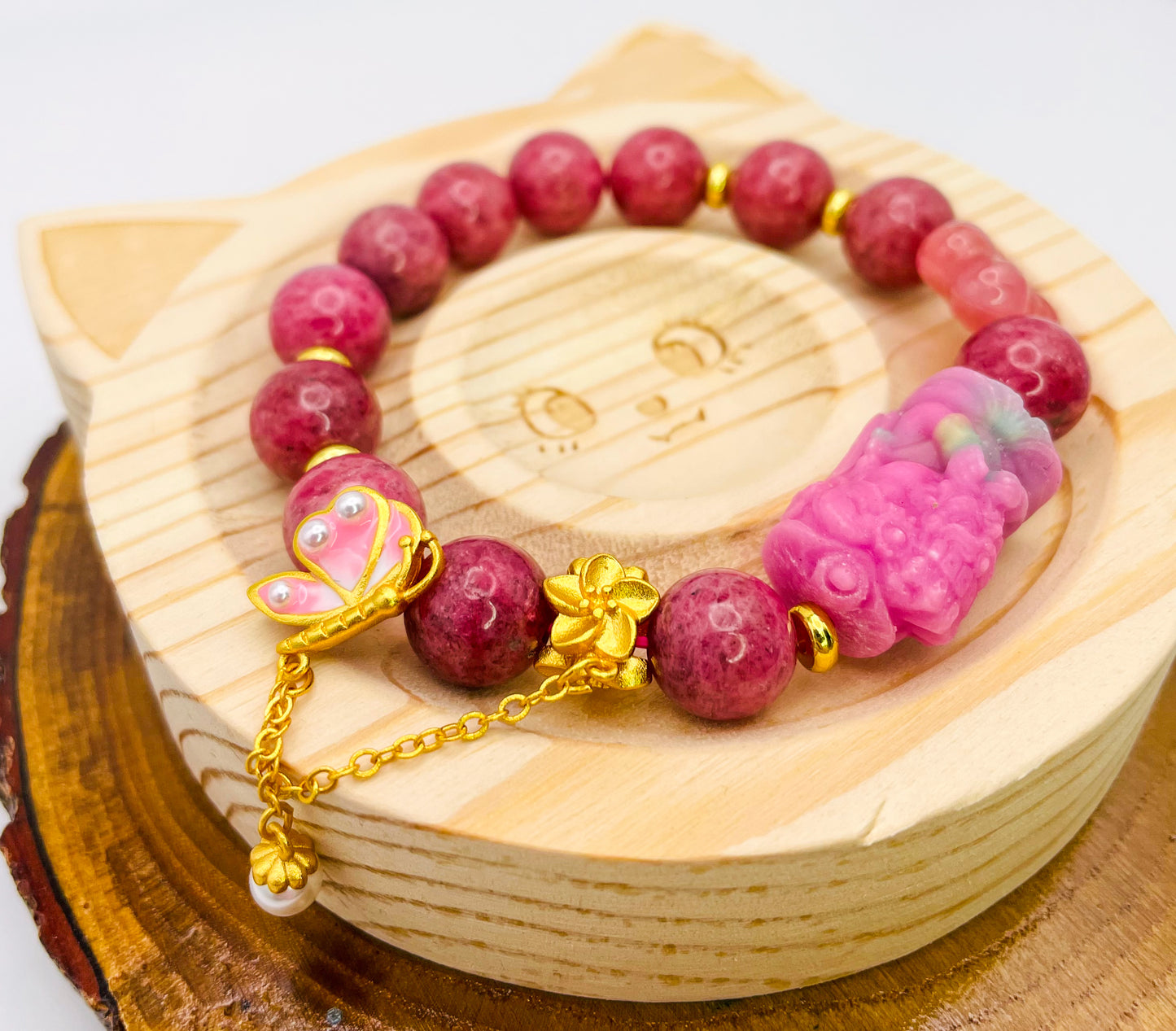 Goddess of Protection Drashi Llamo Pink Rhodonite Statement Bracelet