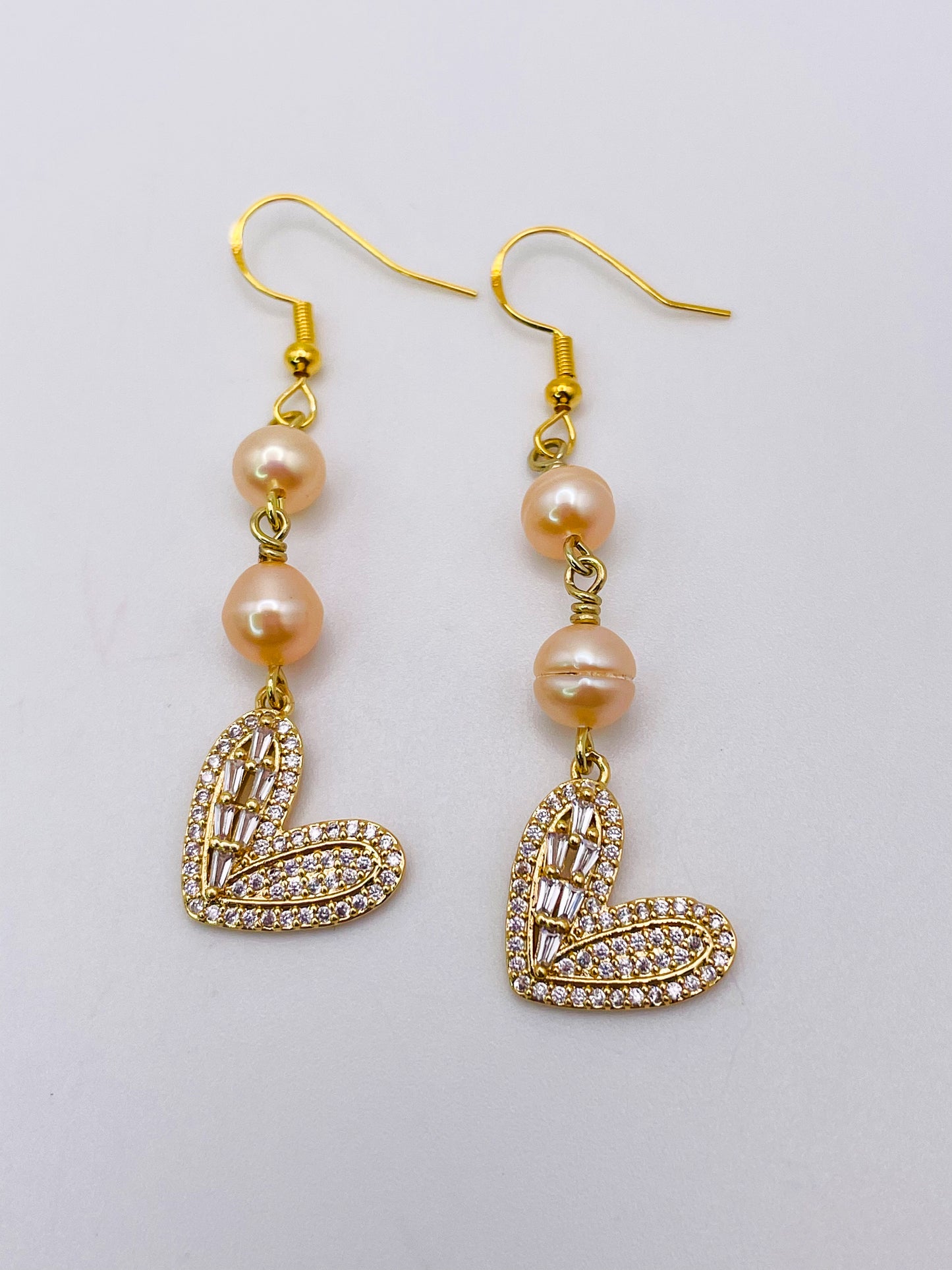 Bling Heart Earrings with Freshwater Pink Pearls