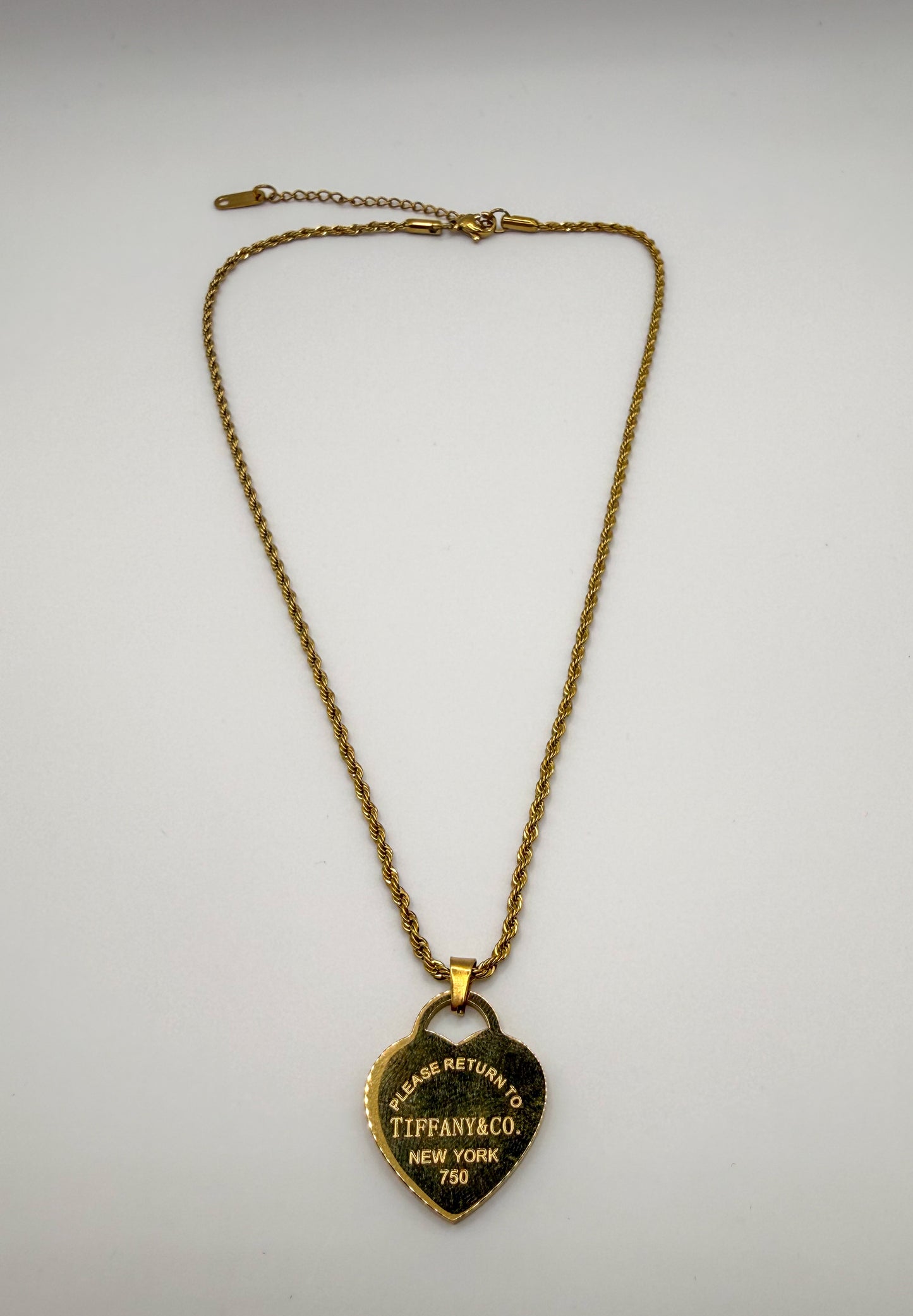 Gold Stainless Steel T&Co Heart Pendant Twist Rope Chain Necklace