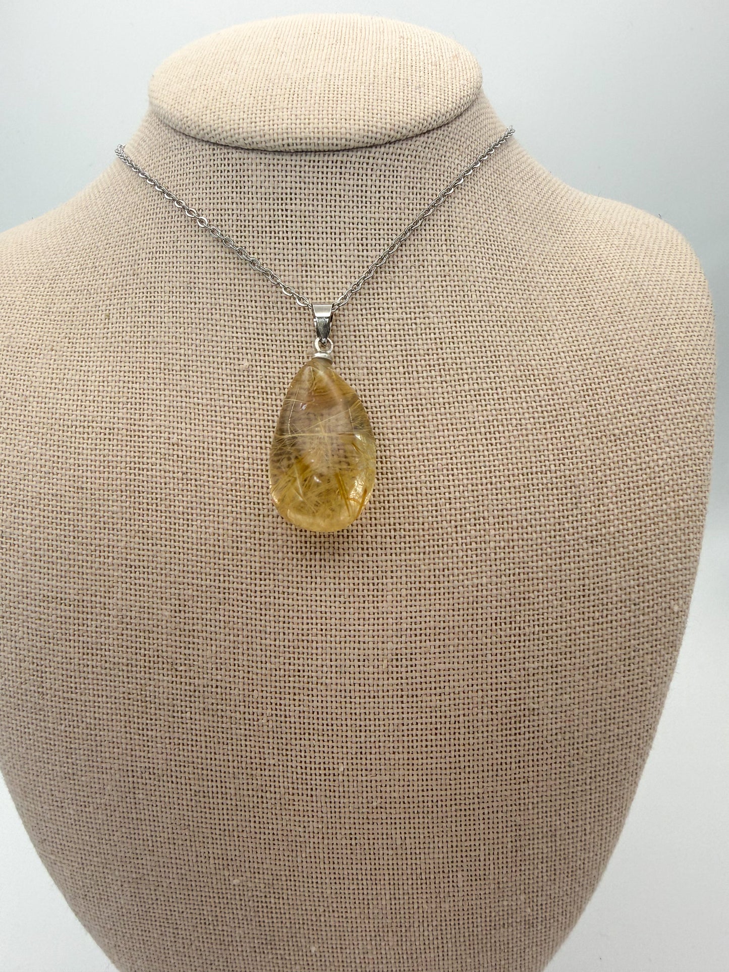 Natural Golden Rutilated Quartz Crystal Teardrop Pendant Stainless Steel Chain Necklace
