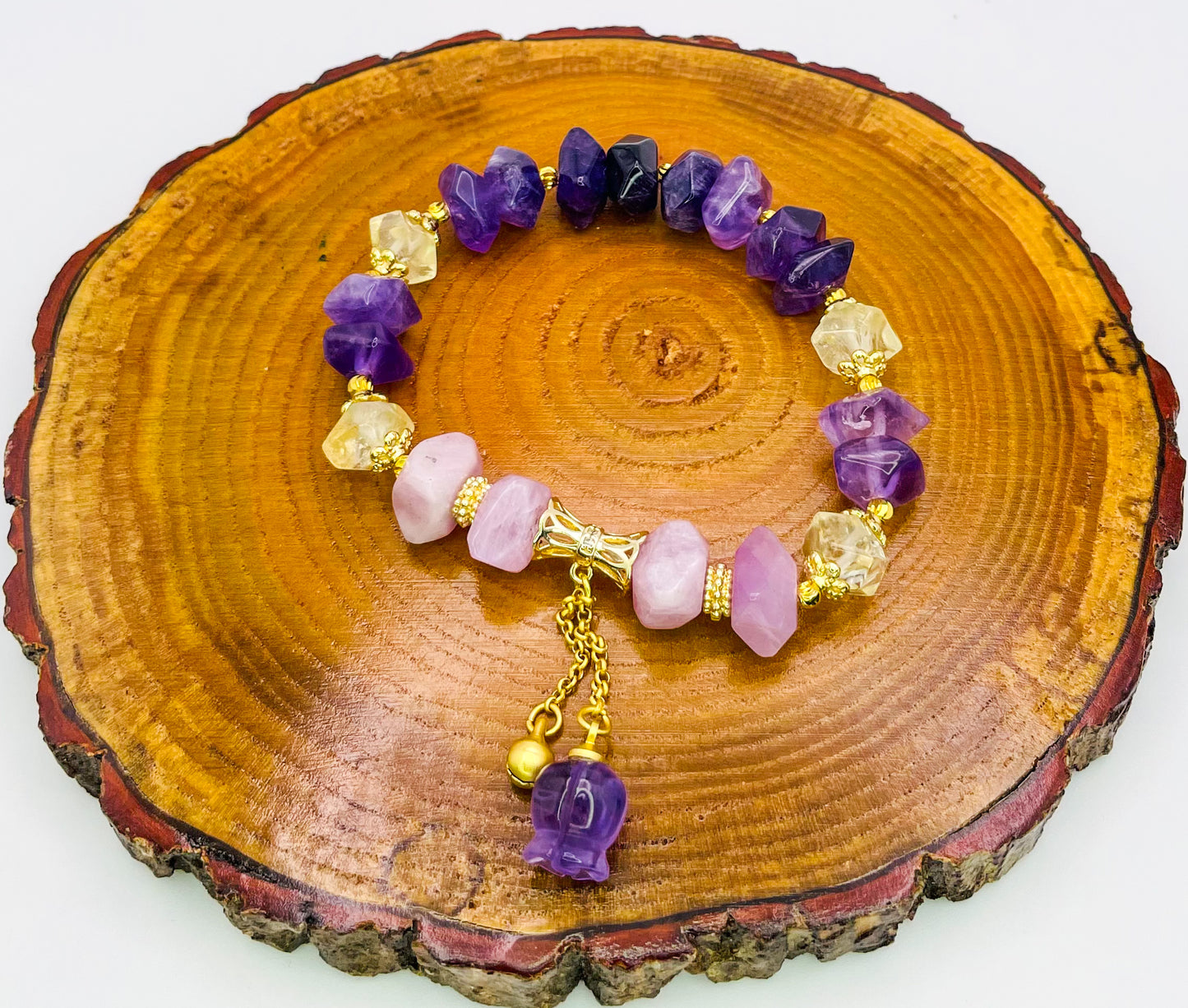 Natural Amethyst, Kunznite & Citrine Tulip Statement Bracelet