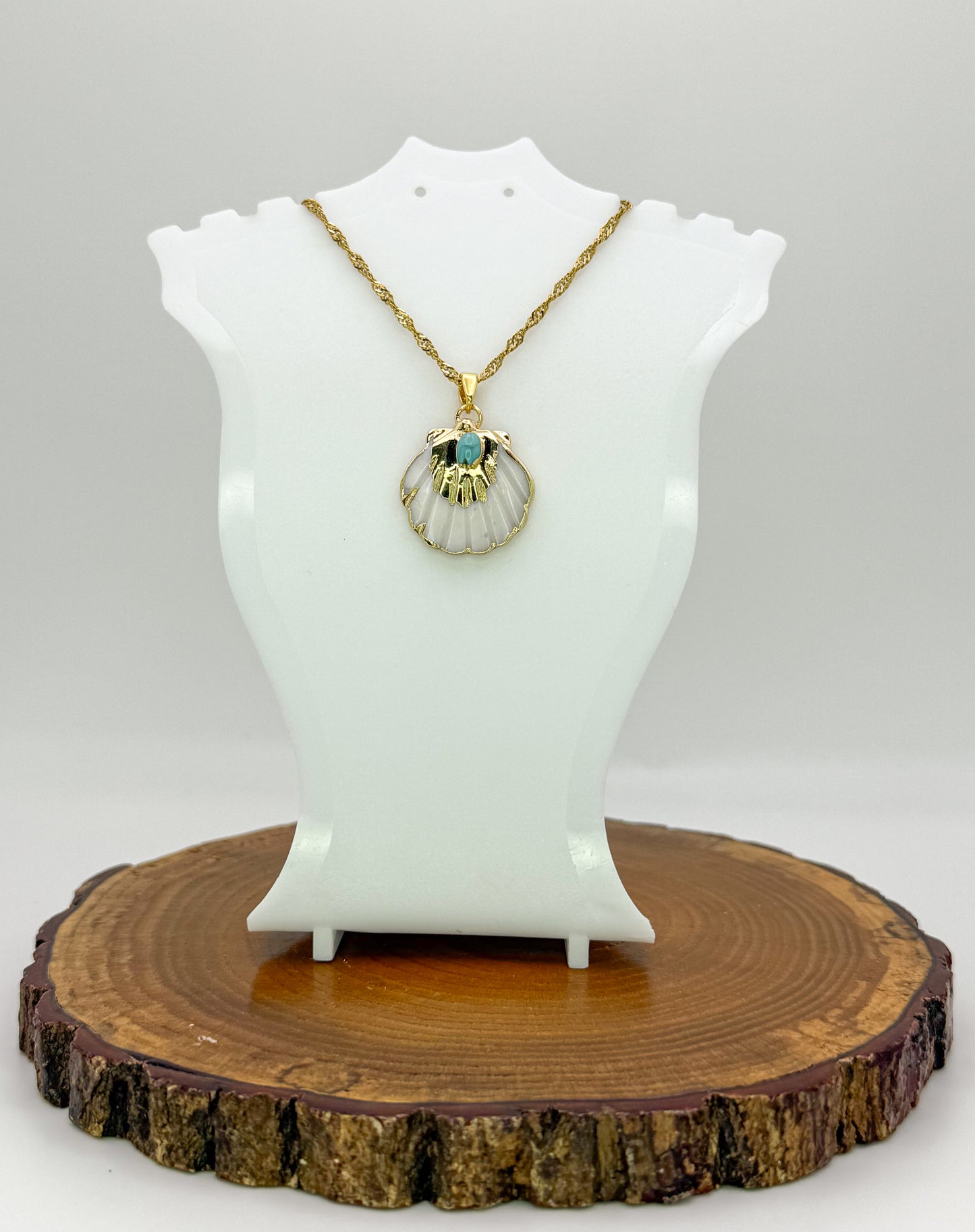 Nature’s Beauty Necklace-Natural Shell with Natural Turquoise Gemstone, Gold Stainless Steel Pendant Necklace