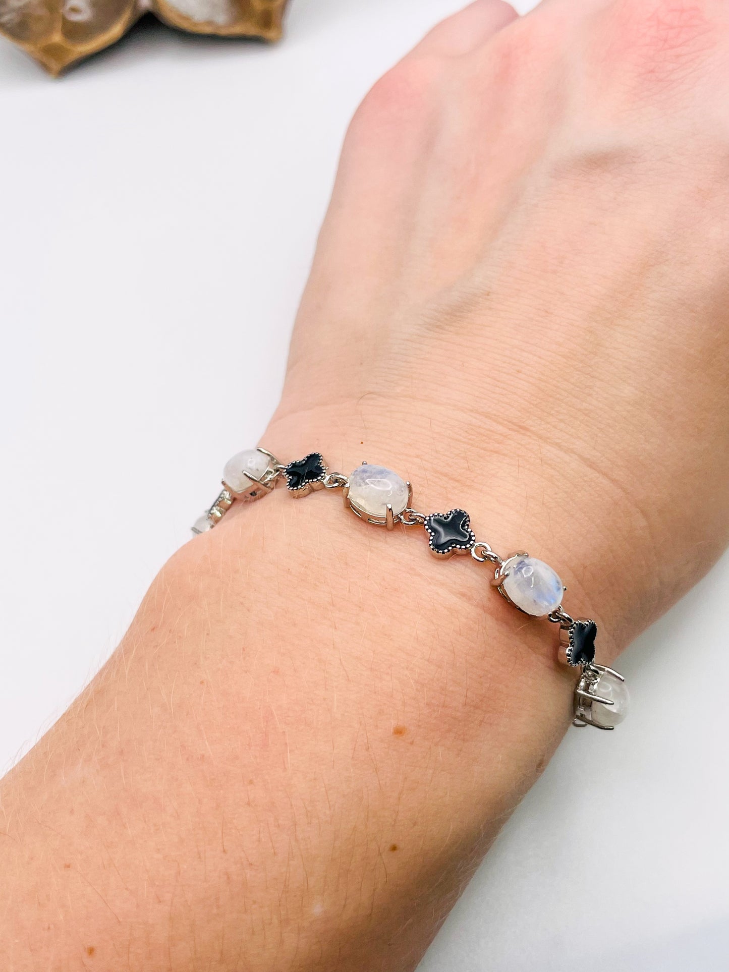 Natural Blue Moonstone LV Clover  Silver Chain Adjustable Bracelet