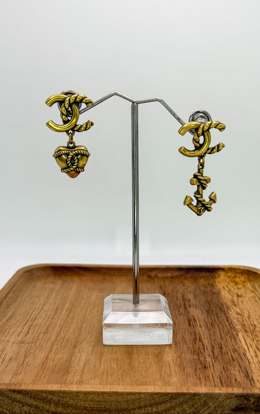 Antique Gold CC Designer Love & Anchor Stud Dangle Earrings