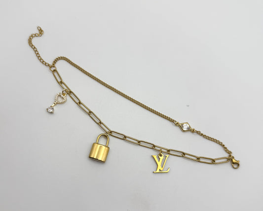 Gold LV Lock n Key Charm Adjustable Bracelet