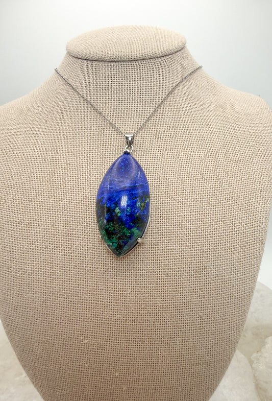 Natural Azurite Pendulum Pendant Stainless Steel Chain Necklace