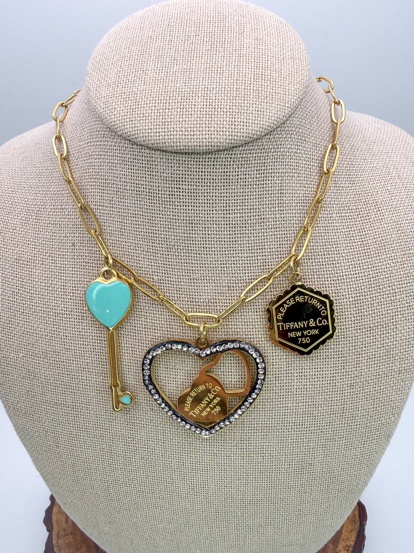 Gold Stainless Steel T&Co. Charm Necklace & Stud Earrings Jewelry Set