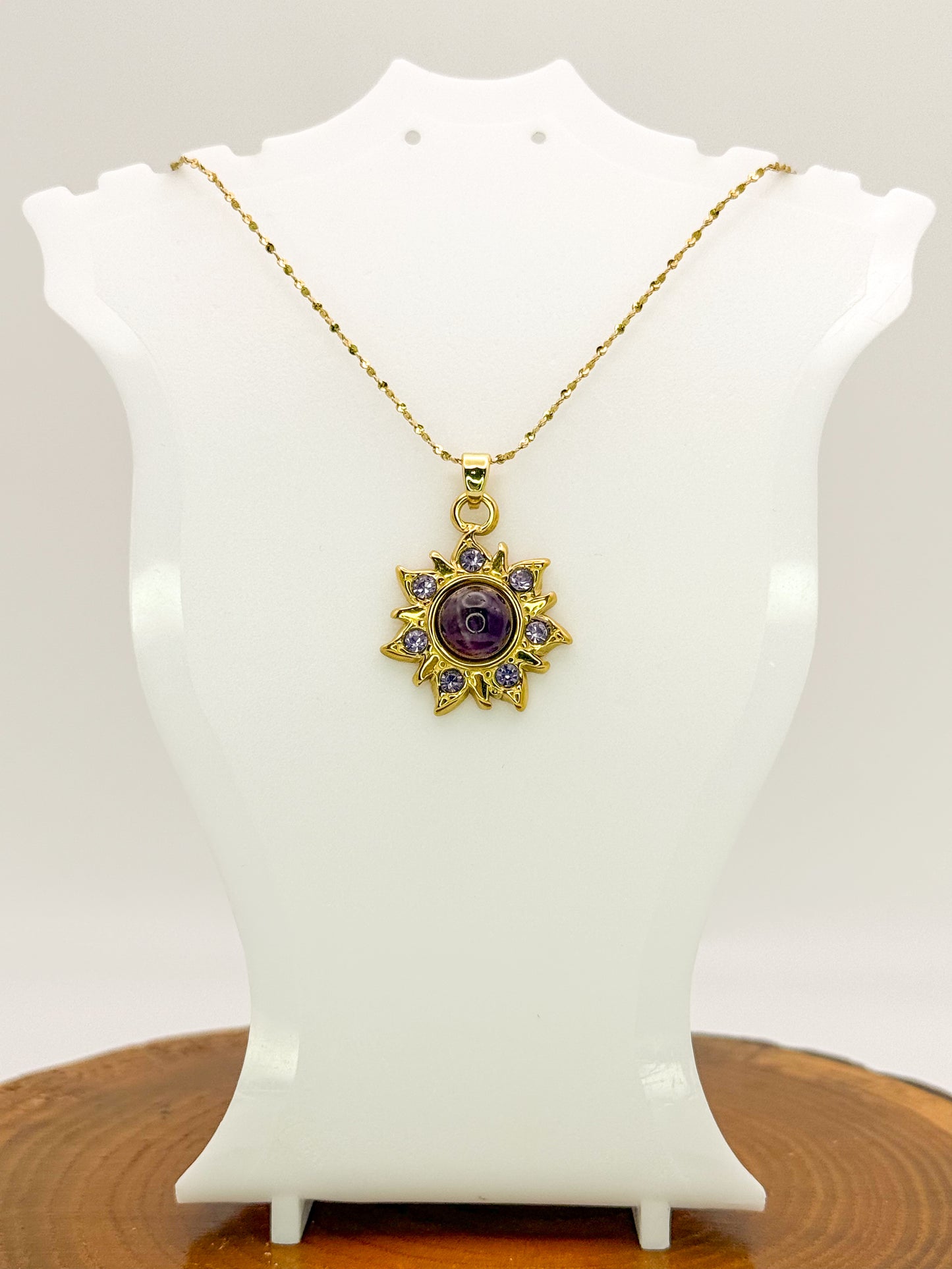 Sun Burst Necklace-Natural Gemstone Stainless Steel Sun Pendant Adjustable Necklace