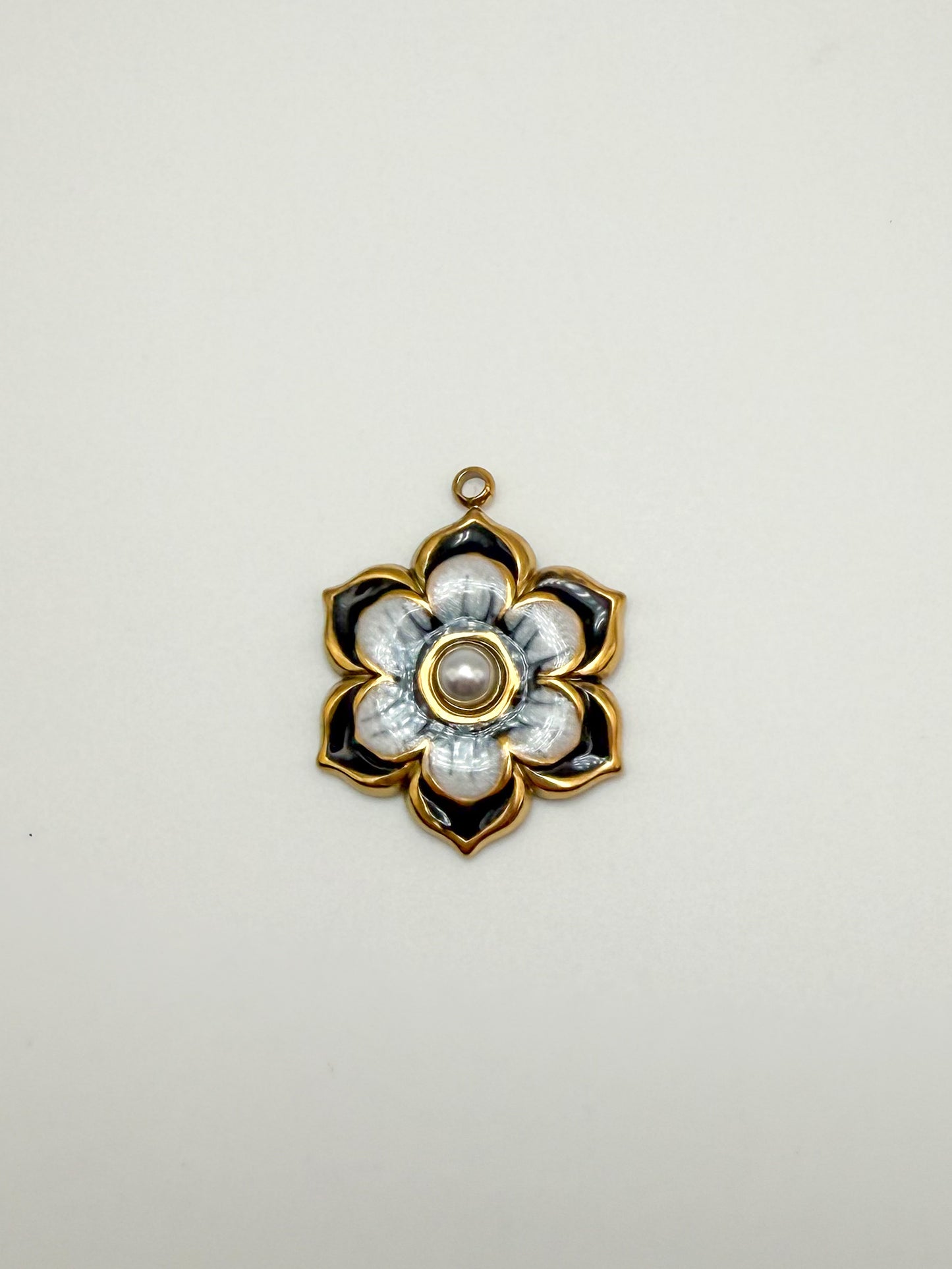 Stainless Steel Gold & Black Enamel Sakura Flower Charm Pendant