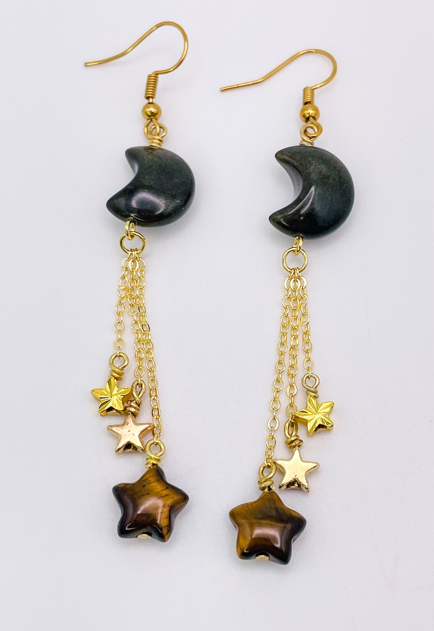 Gold Black Obsidian Moon Dangling Earrings with Natural Tigers Eye Star Beads