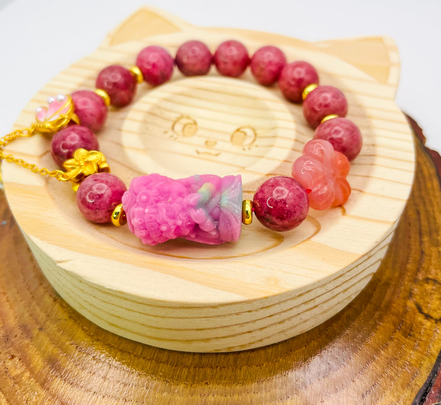 Goddess of Protection Drashi Llamo Pink Rhodonite Statement Bracelet