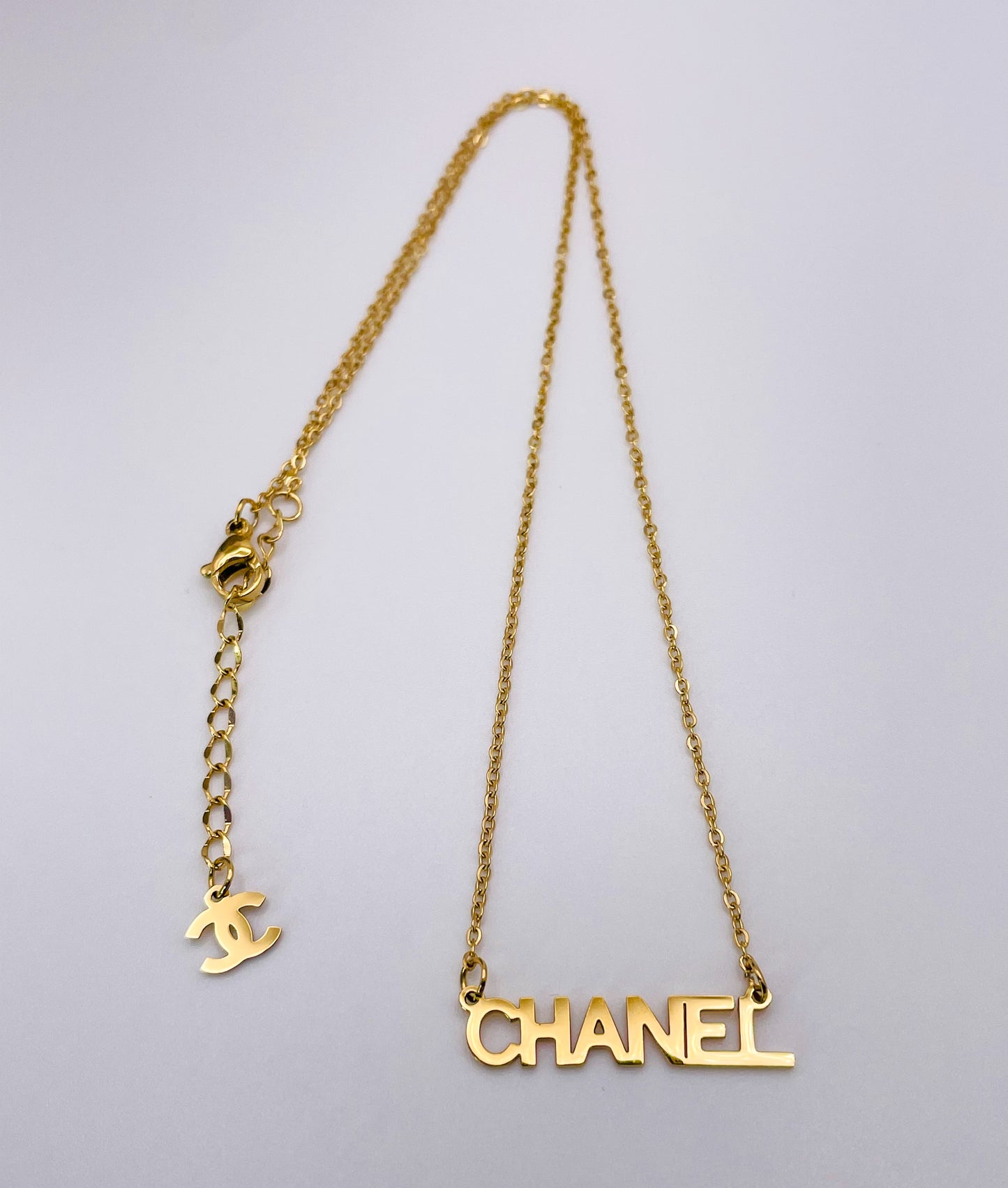 Designer CC Name Plate Gold Stainless Steel Necklace