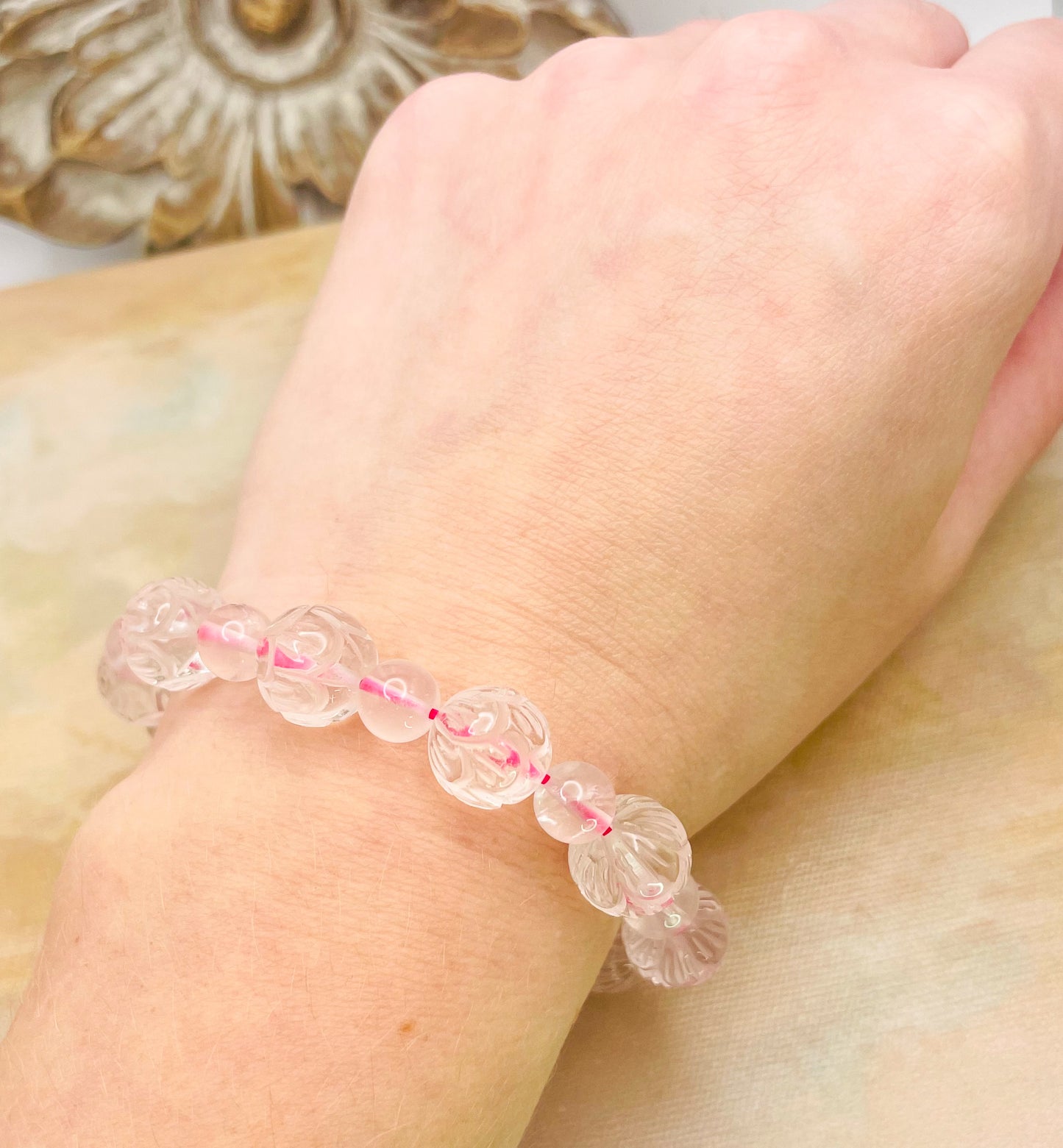 Lotus Craved Natural Crystal Beaded Bracelets- Clear Quartz, Rose Quartz