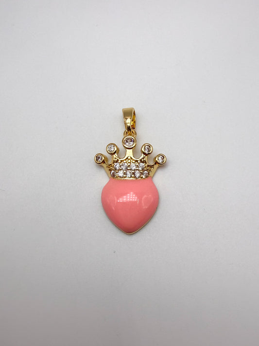 Pink Enamel Gold Heart with Crown Charm Pendant