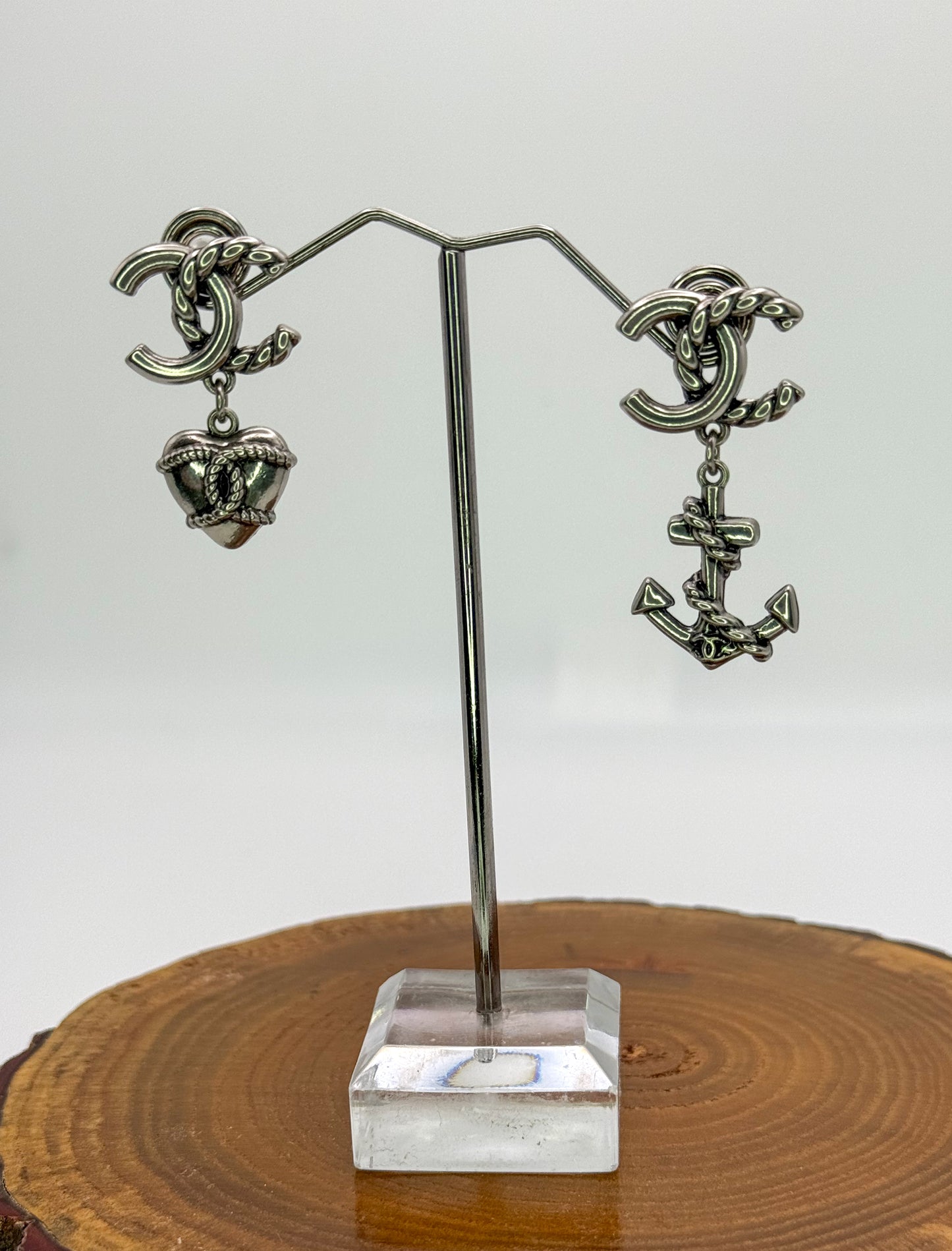 Antique Gold & Silver CC Designer Love & Anchor Stud Dangle Earrings