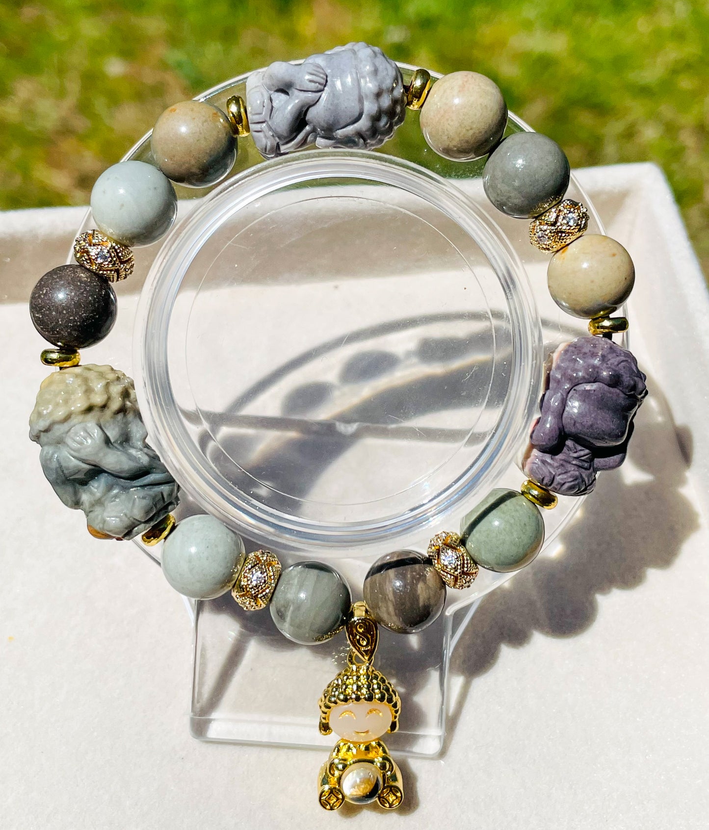 Hear, See & Speak No Evil Baby Budda Sitting on Lotus Natural Alashan Agate Crystal Carving Beaded Stretch Adjustable Bracelet