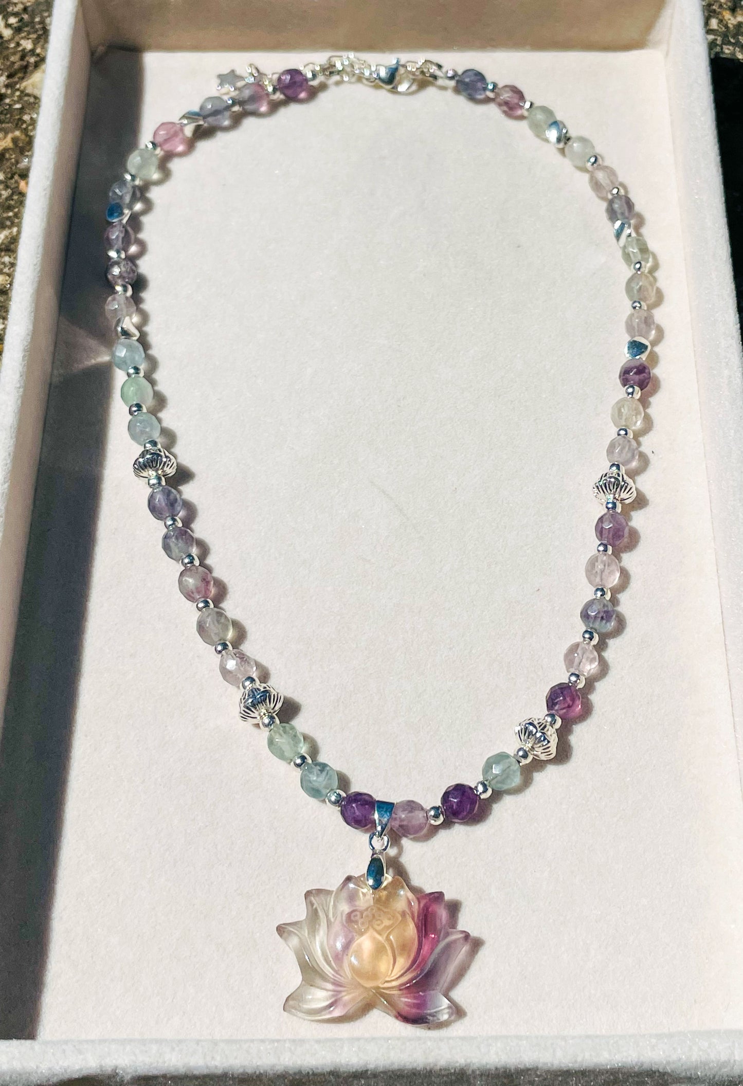 Natural Fluorite Lotus Crystal Carving Beaded Adjustable Necklace