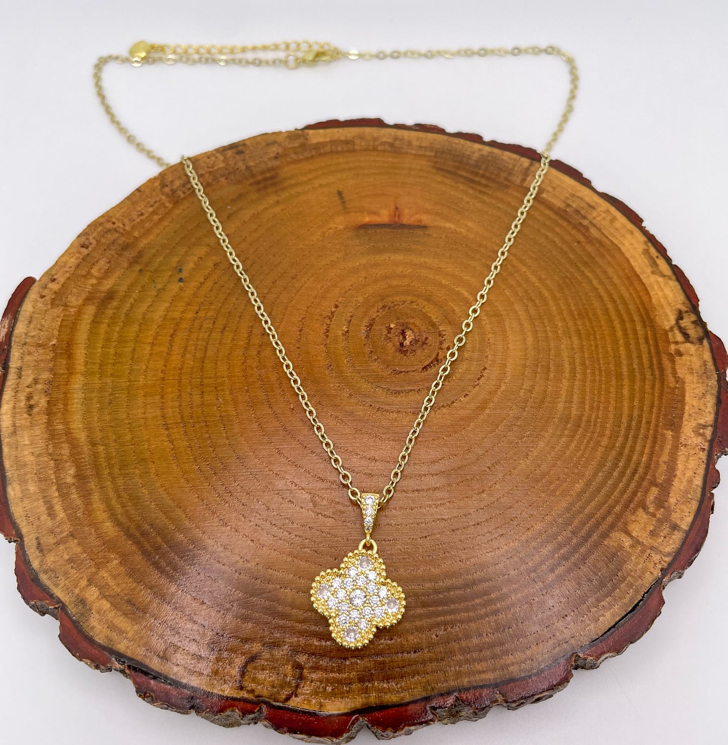 Zircon Covered Lucky Clover Silver & Gold Pendant Necklace