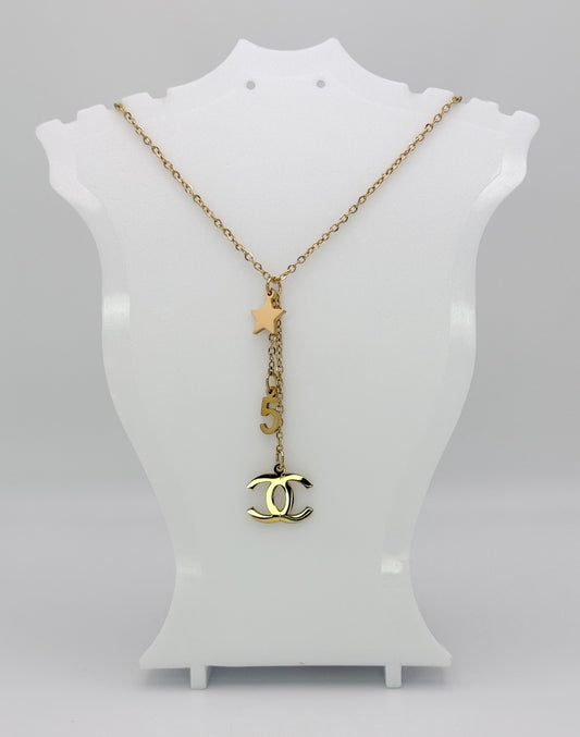 Gold Chanel #5 Dangle Adjustable Stainless Steel Necklace