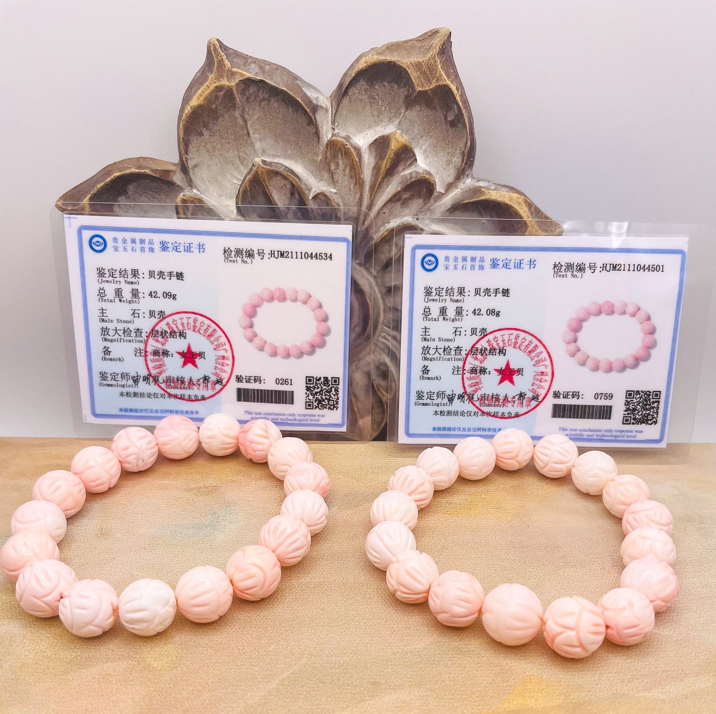 Natural Lotus Craved Pink Queen Conch Shell Beaded Stretch Bracelet w/ Certificate of Authenticity