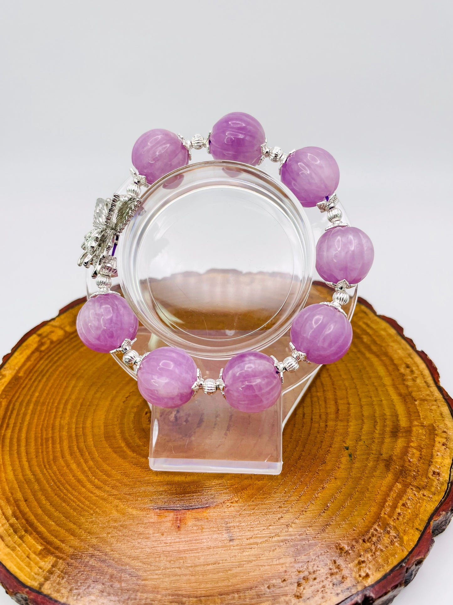 Natural Kunzite Pumpkin Craving Crystal Bracelet with Silver Double Butterfly Charm