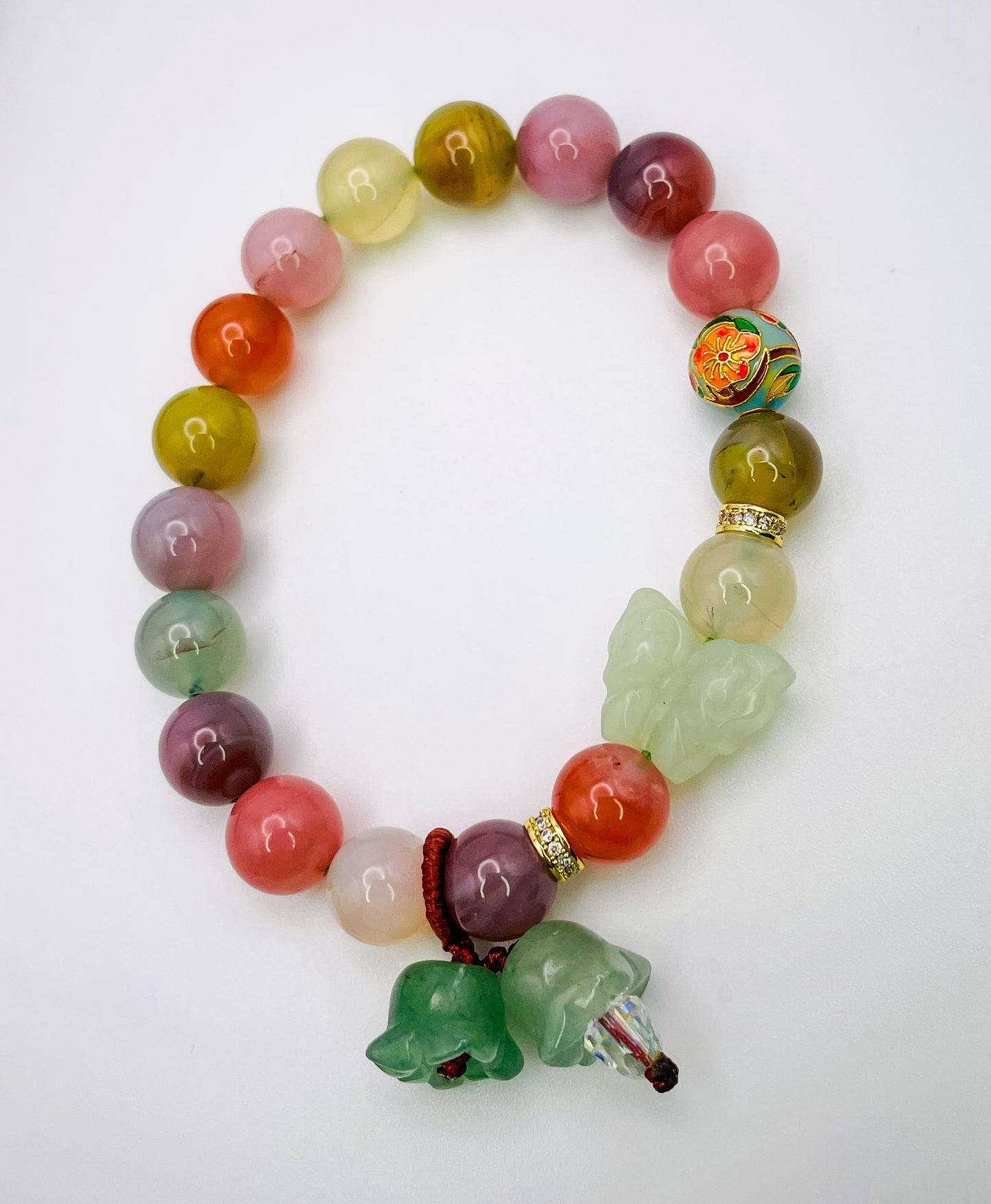 Natural Layered Yanyuan Agate Adjustable Stretch Bracelet with Natural Green Jade Butterfly Crystal Carving