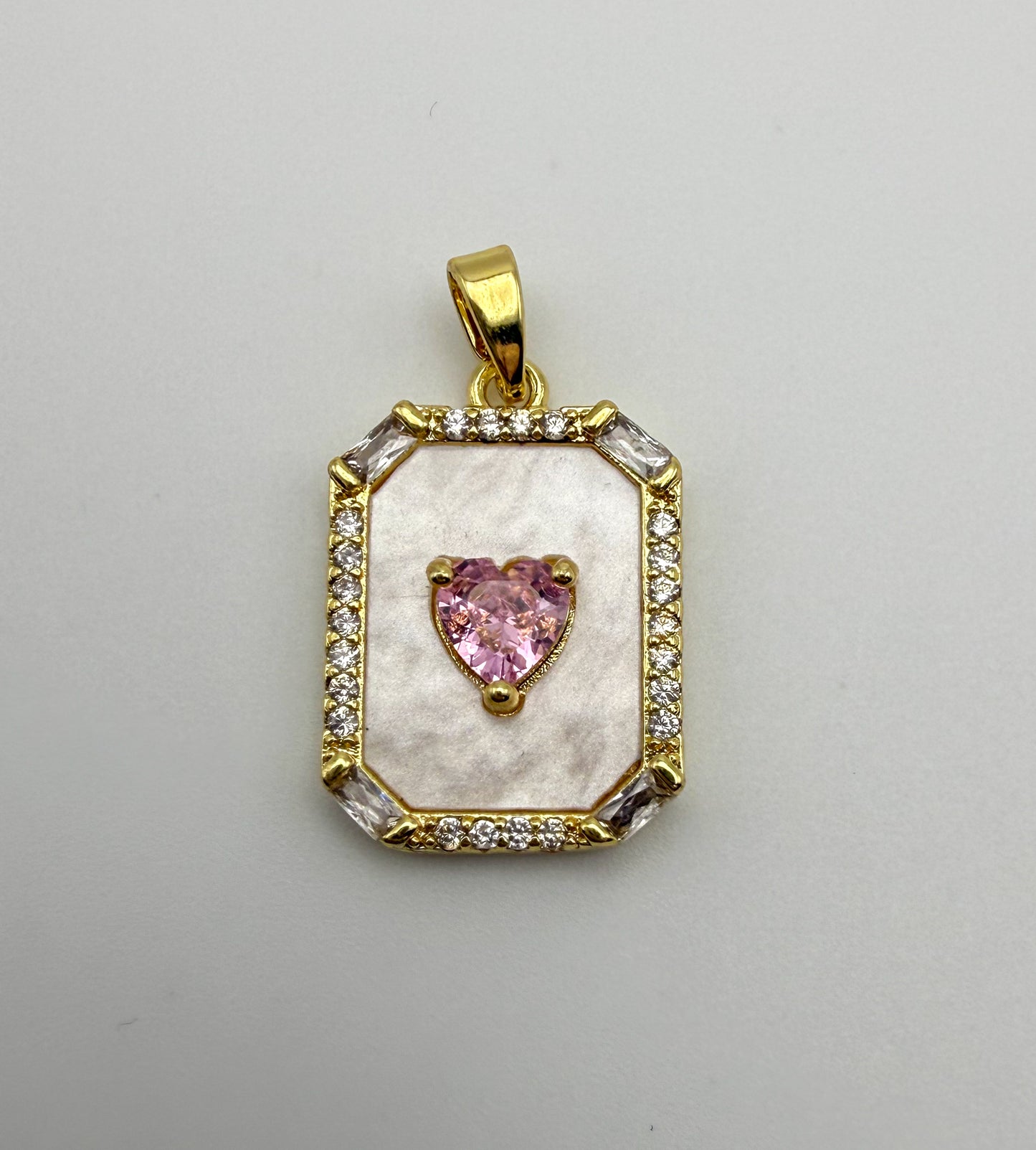 Mother of Pearl Shell with Pink CZ Heart Gold & Silver Pendant