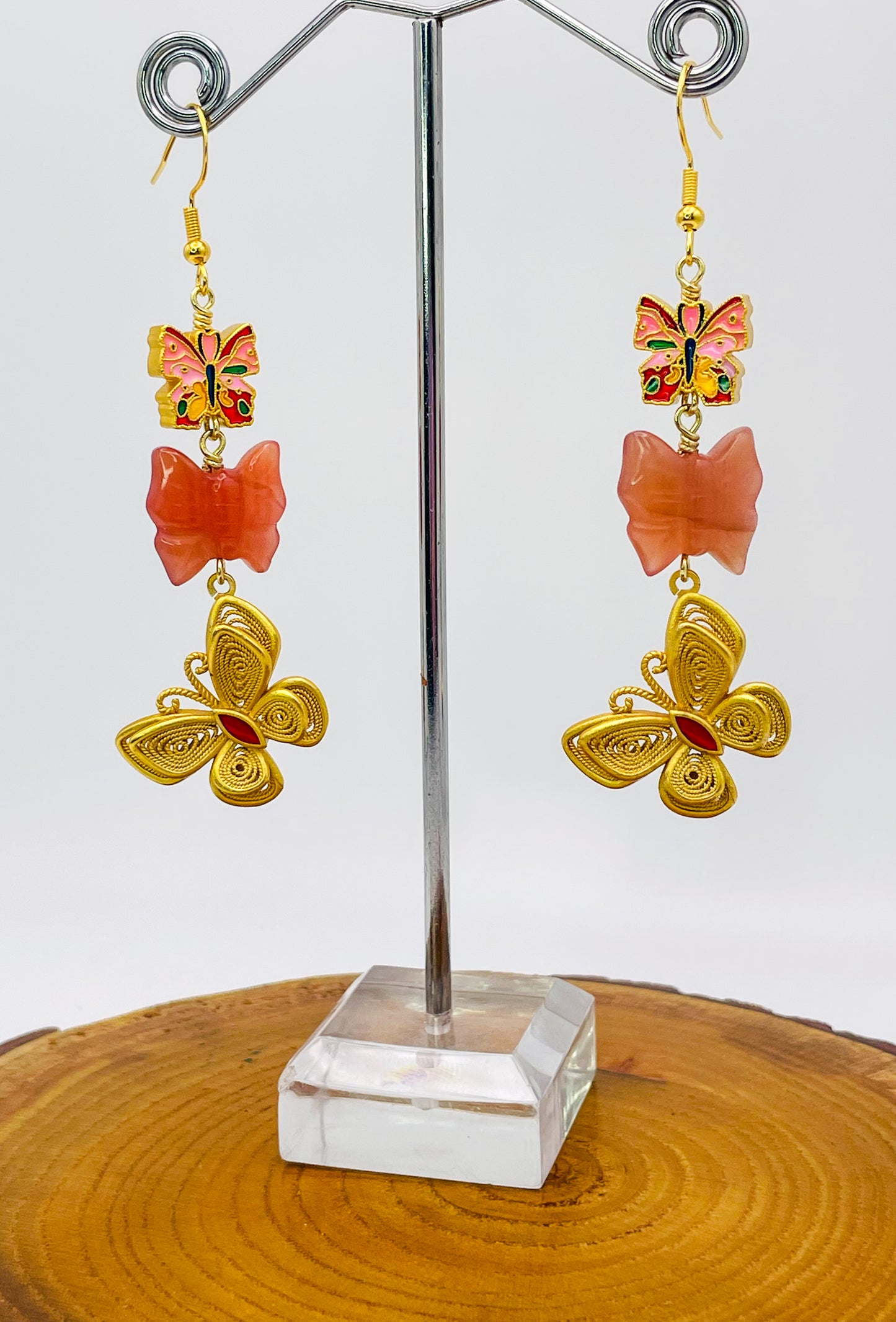 Triple Transformation Butterfly Earrings with Natural YanYuan Agate Butterfly Craved Beads