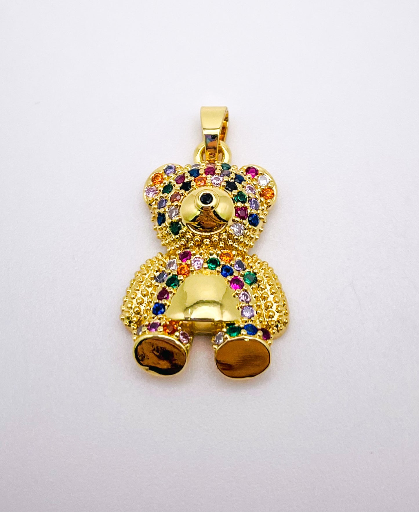 Gold Teddy Bear Pendant with Multicolored Micro Pave Zirconia Gems