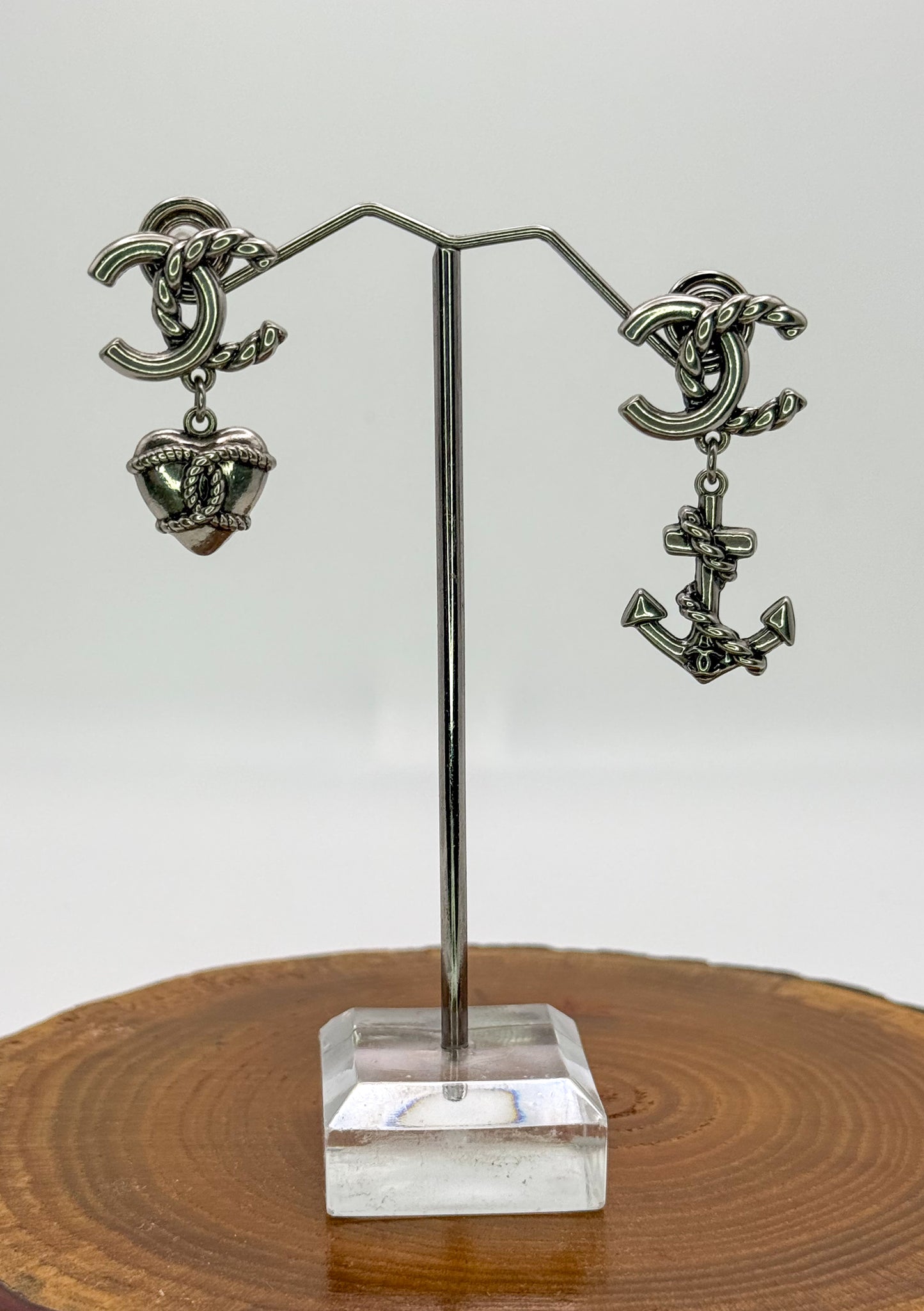 Antique Gold & Silver CC Designer Love & Anchor Stud Dangle Earrings