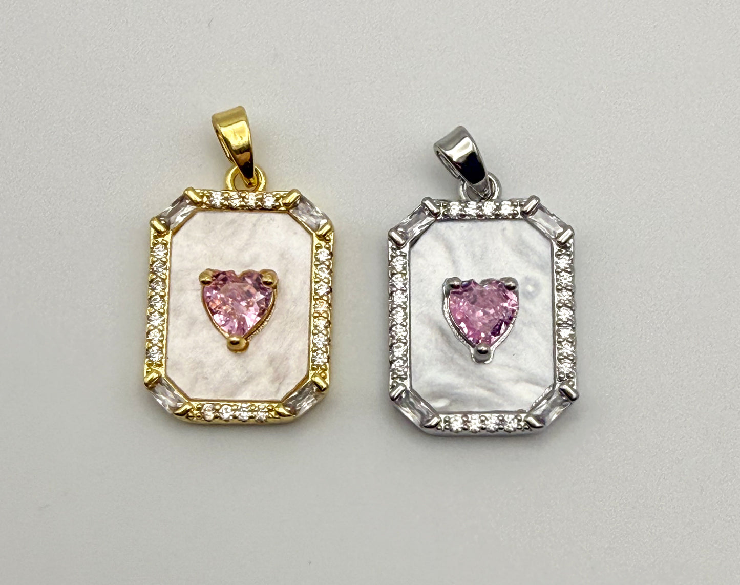 Mother of Pearl Shell with Pink CZ Heart Gold & Silver Pendant